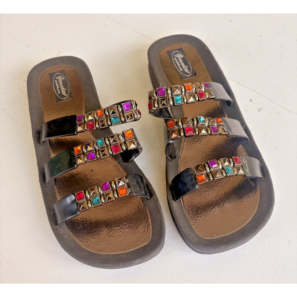 GRANDCO Stretch SANDALS Beach Pool Bling Color Jewel BLACK CLASSIC SLIDE Size 10 - Picture 1 of 9